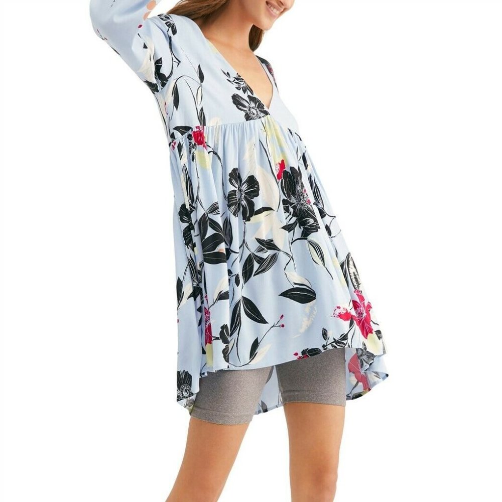 Free People Lt Blue Bella Printed Floral Tunic
